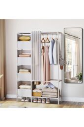 Living and Home Freestanding Portable Metal Clothes Closet Bedroom Cabinet with Storage Basket Garment Rack in White - thumbnail 7