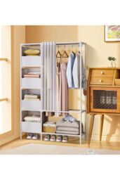 Living and Home Freestanding Portable Metal Clothes Closet Bedroom Cabinet with Storage Basket Garment Rack in White - thumbnail 3