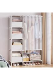 Living and Home Freestanding Portable Metal Clothes Closet Bedroom Cabinet with Storage Basket Garment Rack in White - thumbnail 8