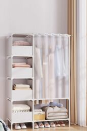 Living and Home Freestanding Portable Metal Clothes Closet Bedroom Cabinet with Storage Basket Garment Rack in White - thumbnail 2
