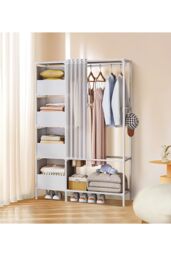 Living and Home Freestanding Portable Metal Clothes Closet Bedroom Cabinet with Storage Basket Garment Rack in White - thumbnail 6