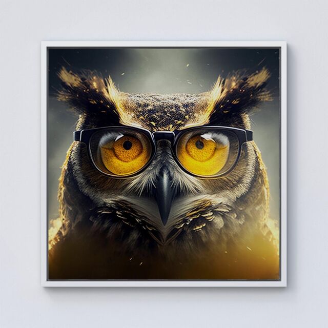 "Warren Reed - Designer Owl With Glasses Splashart Framed Canvas in Off-White - Size: W16"" x H16""" - image 1