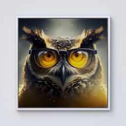 "Warren Reed - Designer Owl With Glasses Splashart Framed Canvas in Off-White - Size: W16"" x H16""" - thumbnail 1
