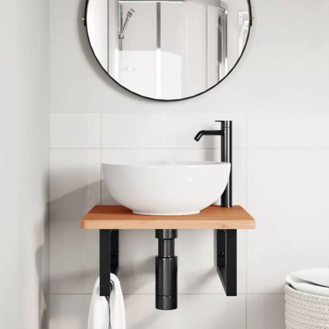 Berkfield Home Elegant Basin Shelf Wall Mounted Steel & Solid Wood Beech in Brown - image 1