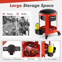 FLAVORA Rolling Mechanic Workshop Stool with 2 Drawers in Red - thumbnail 3