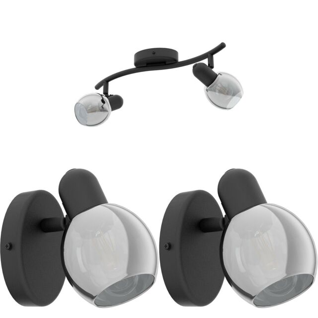 Loops Twin Ceiling Spot Light & 2x Matching Wall Lights Black Vaporized Glass Moving - image 1