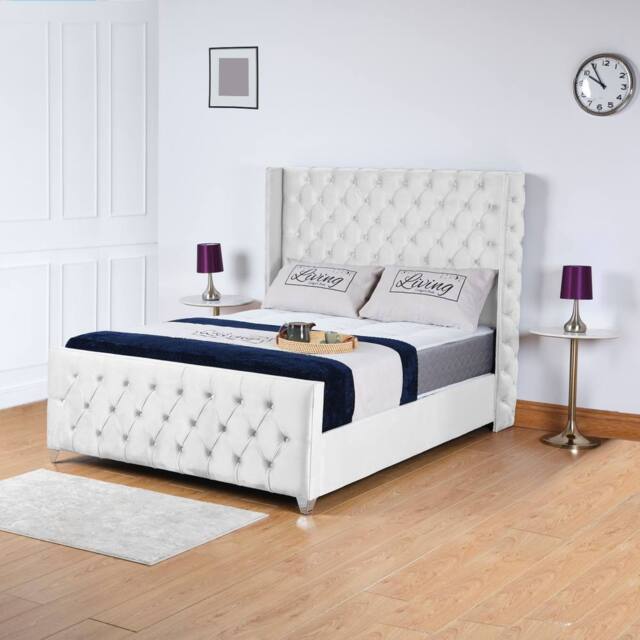 UK Bed Furniture Windsor Wingback Slatted Base Upholstered Bed with 48 Inch Headboard in White - Size: Double - image 1