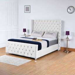 UK Bed Furniture Windsor Wingback Slatted Base Upholstered Bed with 48 Inch Headboard in White - Size: Double