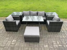 Fimous 6 Seater Rattan Outdoor Furniture Garden Dining Set with Oblong Dining Table 2 Side Tables Big Footstool in Dark Grey - thumbnail 2