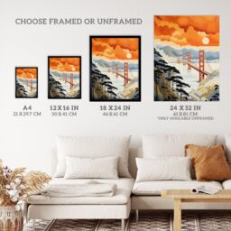 Wee Blue Coo Wall Art Print Sunset San Francisco Oakland Bay Bridge Amber Orange Blue Pastel Colour Painting Art Framed - Size: A4 - thumbnail 3