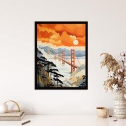 Wee Blue Coo Wall Art Print Sunset San Francisco Oakland Bay Bridge Amber Orange Blue Pastel Colour Painting Art Framed - Size: A4 - thumbnail 4