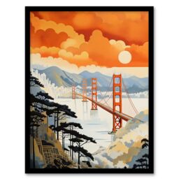 Wee Blue Coo Wall Art Print Sunset San Francisco Oakland Bay Bridge Amber Orange Blue Pastel Colour Painting Art Framed - Size: A4 - thumbnail 1