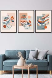 ARTZE Set of 3 Black Framed Boho Modern Abstract in Blue & Orange Wall Art in Pale Orange - Size: W33 cm x H45 cm x D20mm - thumbnail 1