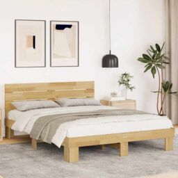 Berkfield Home Bed Frame with Headboard without Mattress 140x200 cm Solid Wood Oak in Brown - thumbnail 1