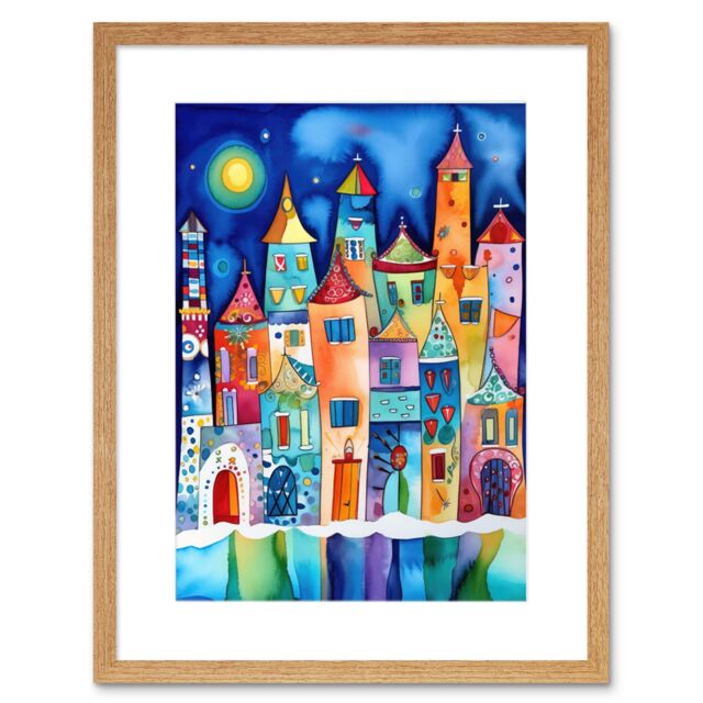 "Artery8 Wall Art Print Midnight Abstract Town Folk Artwork Framed 9X7 Inch in Beige - Size: W7"" x H9""" - image 1
