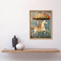 "Artery8 Wall Art Print Folk Art Whimsical Carousel Fairground Kids Girls Bedroom Artwork Soft Pastel Horse Art Framed in Light Oak - Size: W12"" x H16""" - thumbnail 2