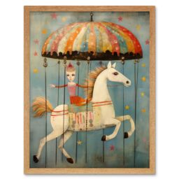 "Artery8 Wall Art Print Folk Art Whimsical Carousel Fairground Kids Girls Bedroom Artwork Soft Pastel Horse Art Framed in Light Oak - Size: W12"" x H16""" - thumbnail 1