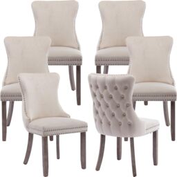 HomeTouch Sierra Set of 6 Lux Dining Chairs Velvet Tufted Wing Back Kitchen Chairs with Oak Wood Legs in Beige - Size: 6 Pack