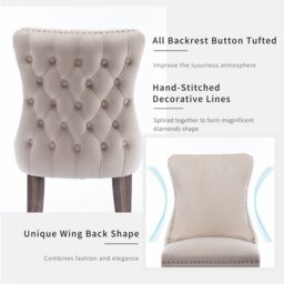 HomeTouch Sierra Set of 6 Lux Dining Chairs Velvet Tufted Wing Back Kitchen Chairs with Oak Wood Legs in Beige - Size: 6 Pack - thumbnail 8