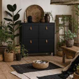 Wyld Haus Wyldberry Matt Black Shoe Cabinet 4 Flip Down Doors Leather Handles