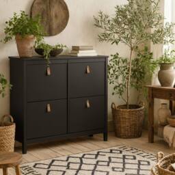 Wyld Haus Wyldberry Matt Black Shoe Cabinet 4 Flip Down Doors Leather Handles - thumbnail 2