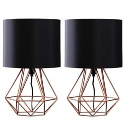 ValueLights Pair Of Modern Copper Metal Basket Cage Table Lamps With Black Fabric Shades - thumbnail 2