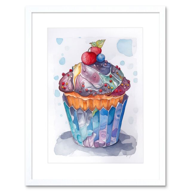 "Artery8 Wall Art Print Cupcake Icing With Fruit Folk Art Watercolour Painting Kitchen Artwork Framed 9X7 Inch in White - Size: W7"" x H9""" - image 1