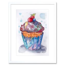 "Artery8 Wall Art Print Cupcake Icing With Fruit Folk Art Watercolour Painting Kitchen Artwork Framed 9X7 Inch in White - Size: W7"" x H9""" - thumbnail 1