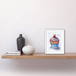 "Artery8 Wall Art Print Cupcake Icing With Fruit Folk Art Watercolour Painting Kitchen Artwork Framed 9X7 Inch in White - Size: W7"" x H9""" - thumbnail 2