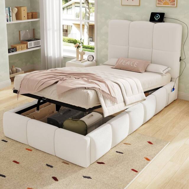Merax Bouclé 3ft Single Ottoman Bed with Tufted Headboard & USB Port in White - image 1