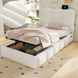 Merax Bouclé 3ft Single Ottoman Bed with Tufted Headboard & USB Port in White - thumbnail 2