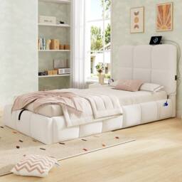 Merax Bouclé 3ft Single Ottoman Bed with Tufted Headboard & USB Port in White - thumbnail 4