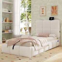Merax Bouclé 3ft Single Ottoman Bed with Tufted Headboard & USB Port in White - thumbnail 3