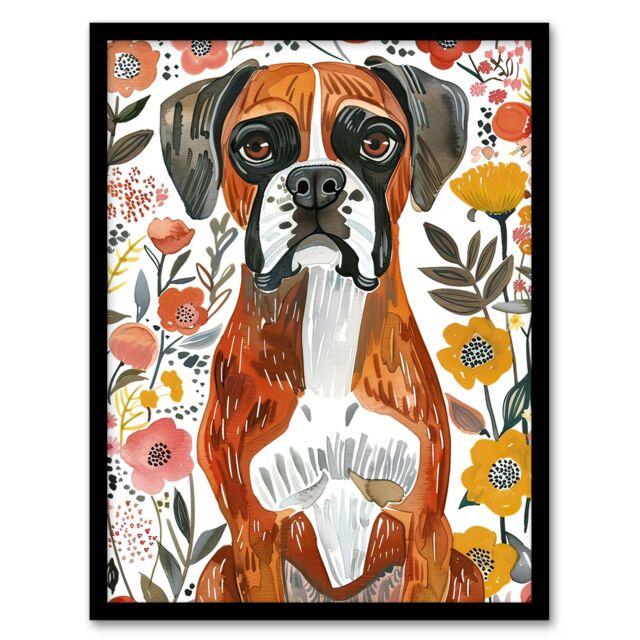 Artery8 Boxer Dog Lover Watercolour Floral Portrait Framed Wall Art - Size: A4 - image 1