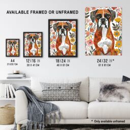 Artery8 Boxer Dog Lover Watercolour Floral Portrait Framed Wall Art - Size: A4 - thumbnail 3