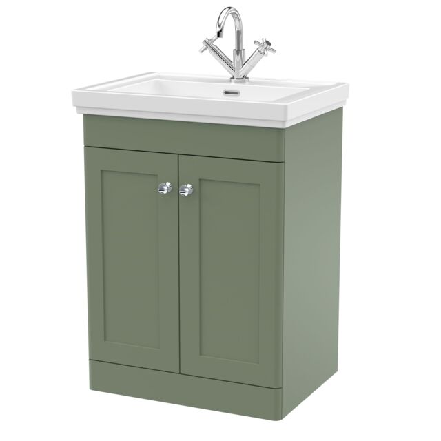 Balterley Bathroom Floor 2-Door Vanity Unit & Fireclay Basin, Satin Green, 600mm in Green - image 1