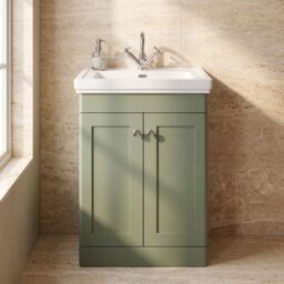 Balterley Bathroom Floor 2-Door Vanity Unit & Fireclay Basin, Satin Green, 600mm in Green - thumbnail 9