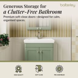 Balterley Bathroom Floor 2-Door Vanity Unit & Fireclay Basin, Satin Green, 600mm in Green - thumbnail 3