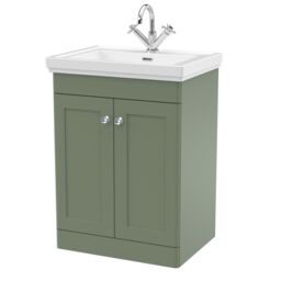 Balterley Bathroom Floor 2-Door Vanity Unit & Fireclay Basin, Satin Green, 600mm in Green