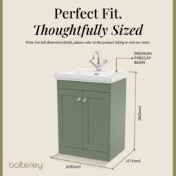 Balterley Bathroom Floor 2-Door Vanity Unit & Fireclay Basin, Satin Green, 600mm in Green - thumbnail 5