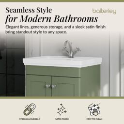 Balterley Bathroom Floor 2-Door Vanity Unit & Fireclay Basin, Satin Green, 600mm in Green - thumbnail 2