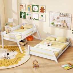 Costway 2-in-1 Single Over Double Bunk Bed Convertible Bed Frame w/ 2 Ladders in White - thumbnail 5