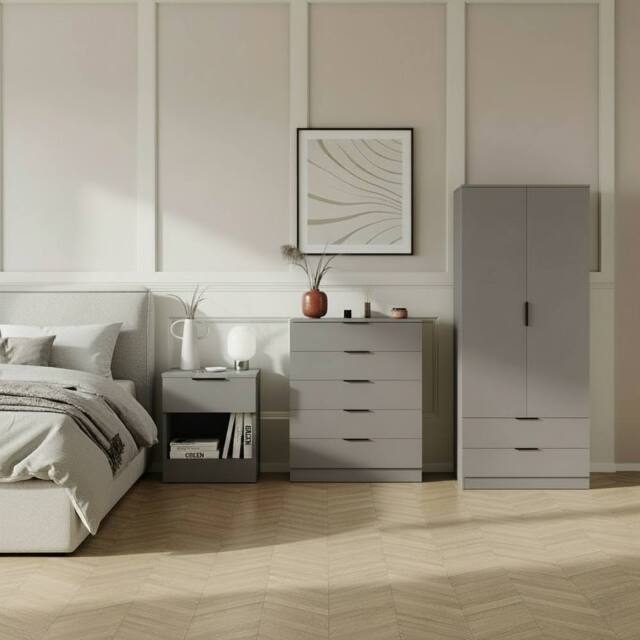 Home Discount Vida Designs Trega 3Pc Bedroom Set(1Dr Bedside, 5Dr Chest, Wardrobe) in Grey - image 1