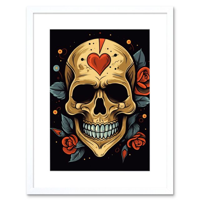 "Artery8 Wall Art Print Skull Heart & Roses Tattoo Ink Body Art Rockabilly Americana 50s Artwork Framed 9X7 Inch in White - Size: W7"" x H9""" - image 1