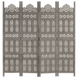 Berkfield Home Hand carved 4-Panel Room Divider Grey 160x165 cm Solid Mango Wood - thumbnail 6