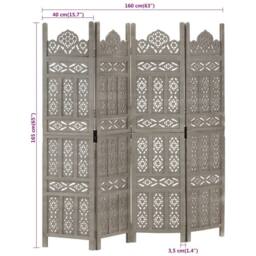 Berkfield Home Hand carved 4-Panel Room Divider Grey 160x165 cm Solid Mango Wood - thumbnail 7