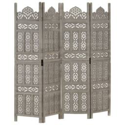 Berkfield Home Hand carved 4-Panel Room Divider Grey 160x165 cm Solid Mango Wood - thumbnail 2