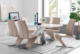 FurnitureboxUK Atlanta Modern Rectangle Chrome Metal High Gloss White Dining Table & 6 Willow Chairs Set in Beige