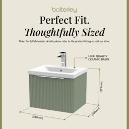 Balterley Fluted Wall Hung 1 Drawer Vanity Basin Unit & Basin 500mm, Satin Green - thumbnail 5