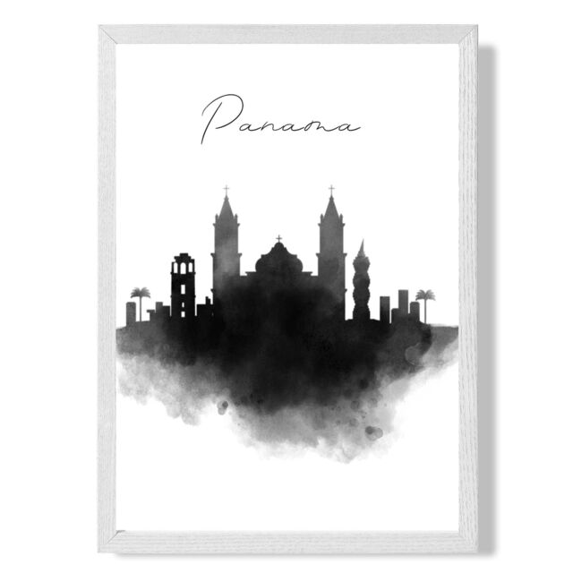 ARTZE Panama Watercolour Skyline City Framed Print SIZE: A4 with White Frame in Black - image 1